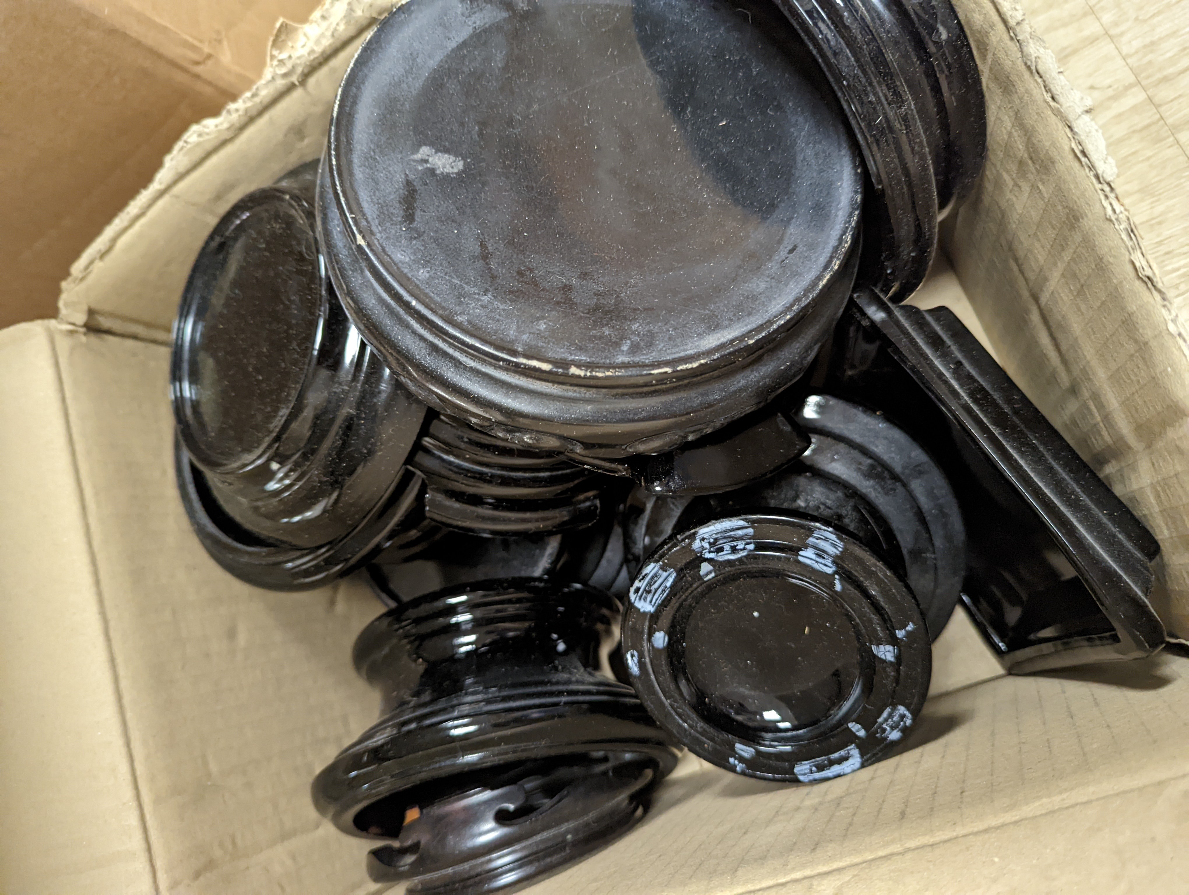 Three boxes of hardwood, glass and ceramic stands.